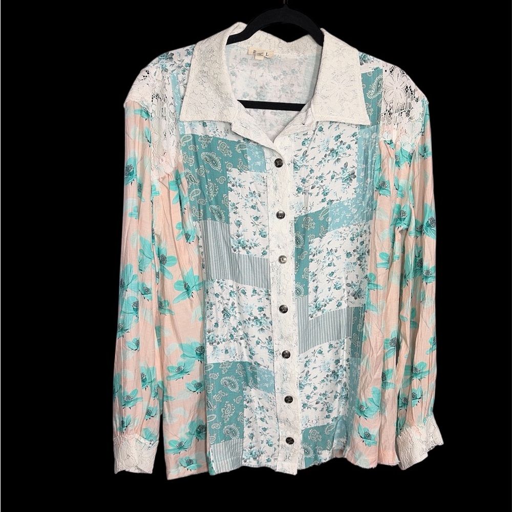 POL Teal and Peach Floral Button Down Shirt